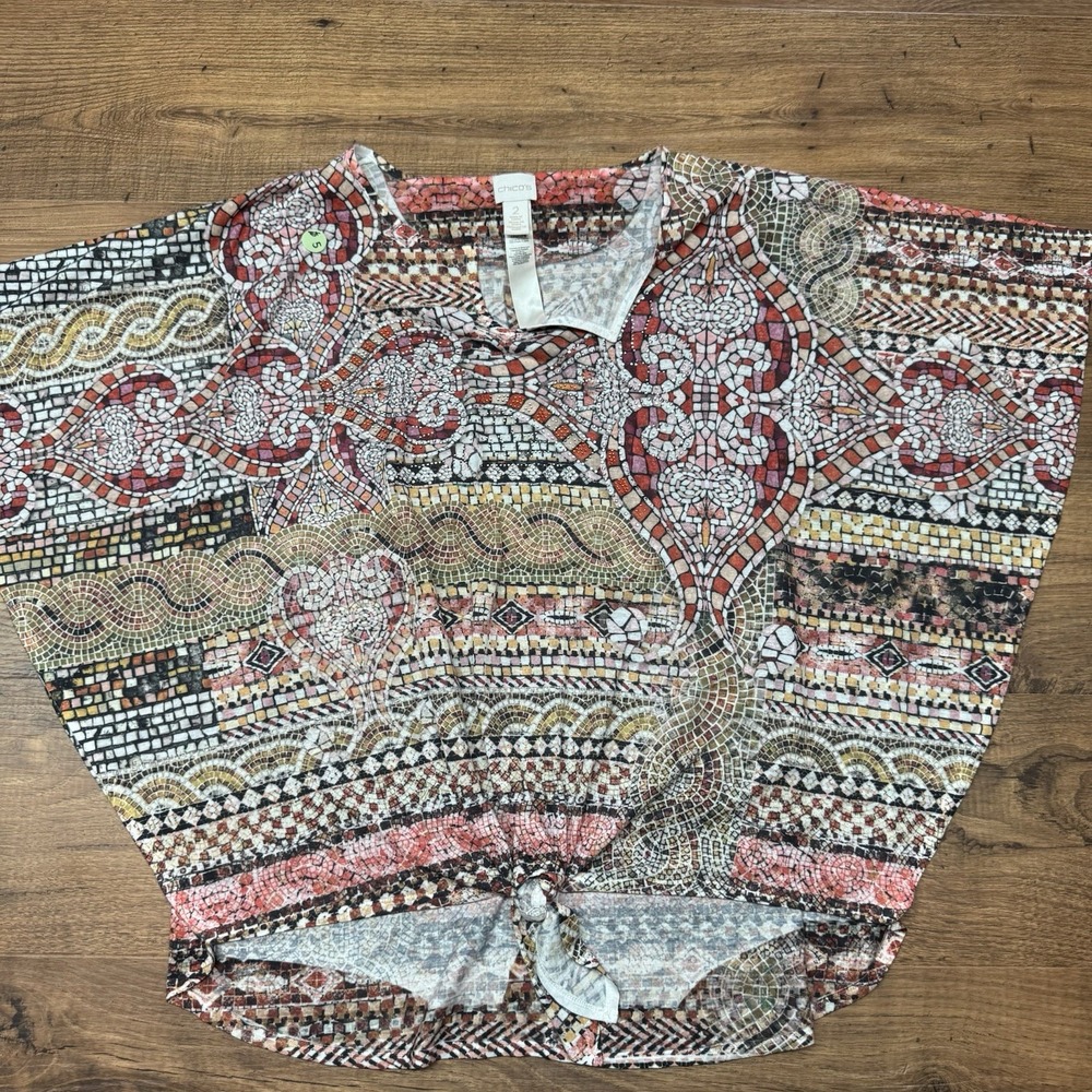 Chicos Top Blouse Size 2 Mosaic Rhinestones Kimono Butterfly‎ Sleeve Casual